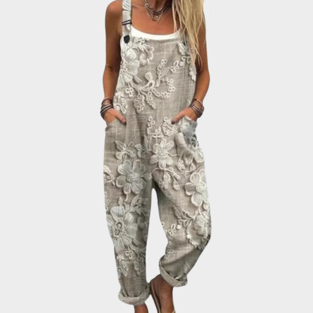 Floral Dungarees | Beige-Grey