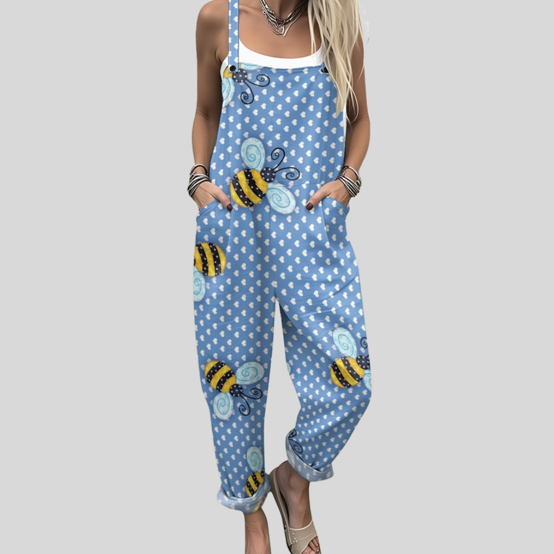 Bee Print Dungarees | Light Blue