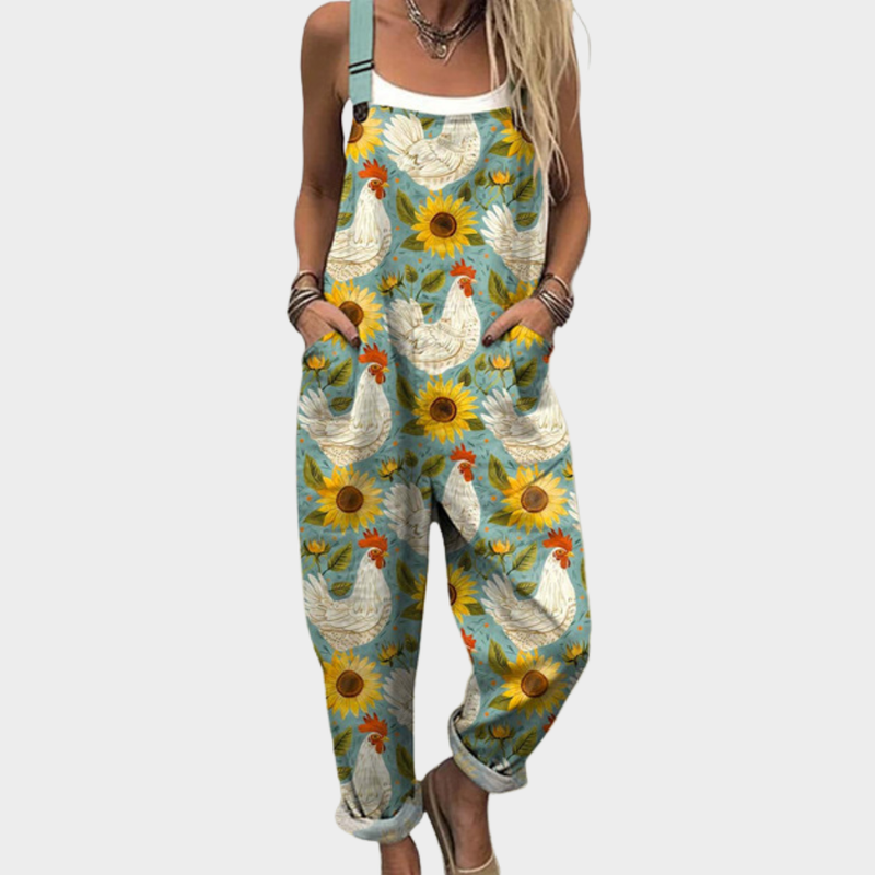 Sunflower & Chicken Print Dungarees