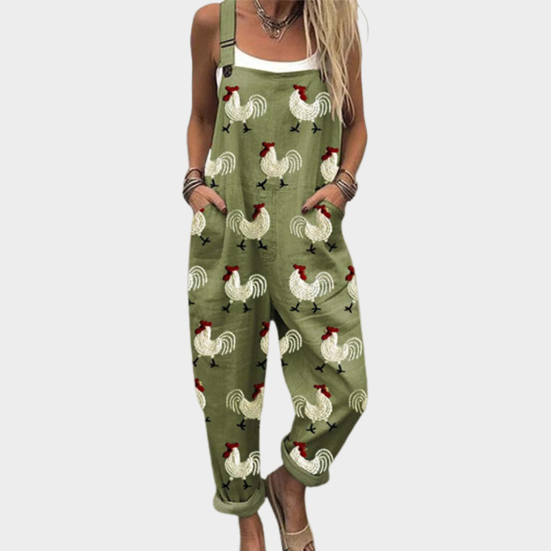 Olive Rooster Print Overalls