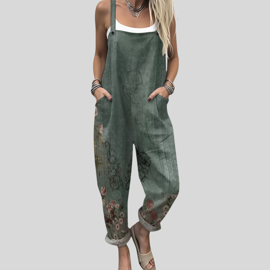 Olive Green Dungarees with Floral Border
