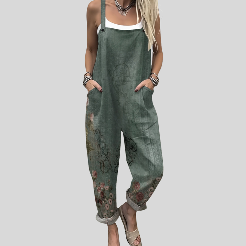 Olive Green Dungarees with Floral Border