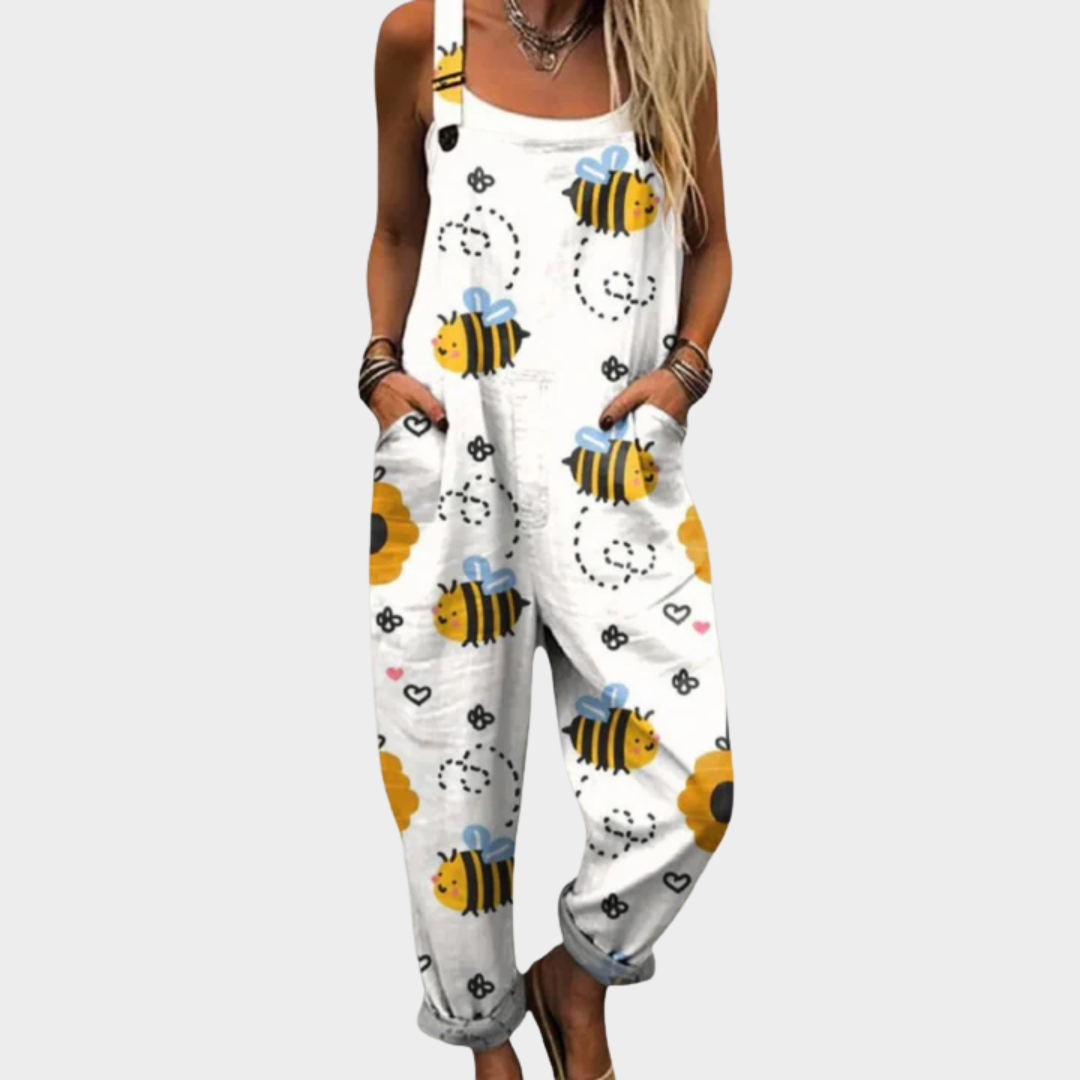 White Dungarees with Bee Print