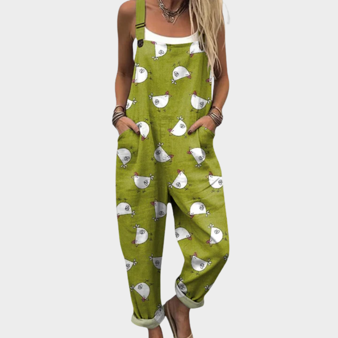 Bird Print Dungarees | Olive Green