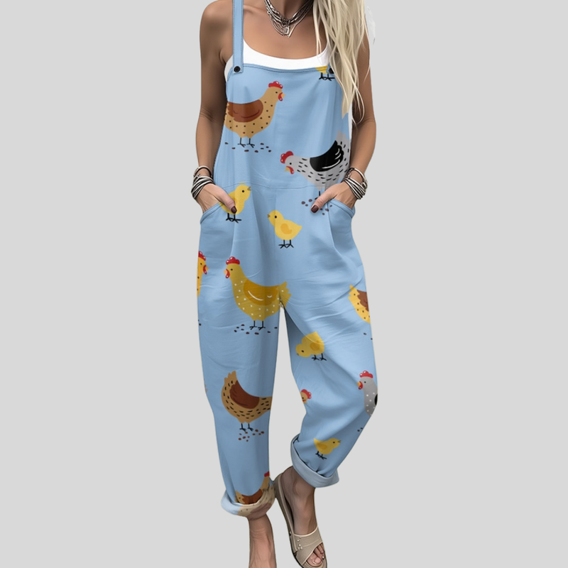 Chicken Print Dungarees | Light Blue