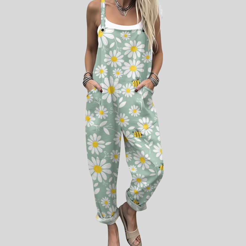 Sage Green Dungarees with Daisies