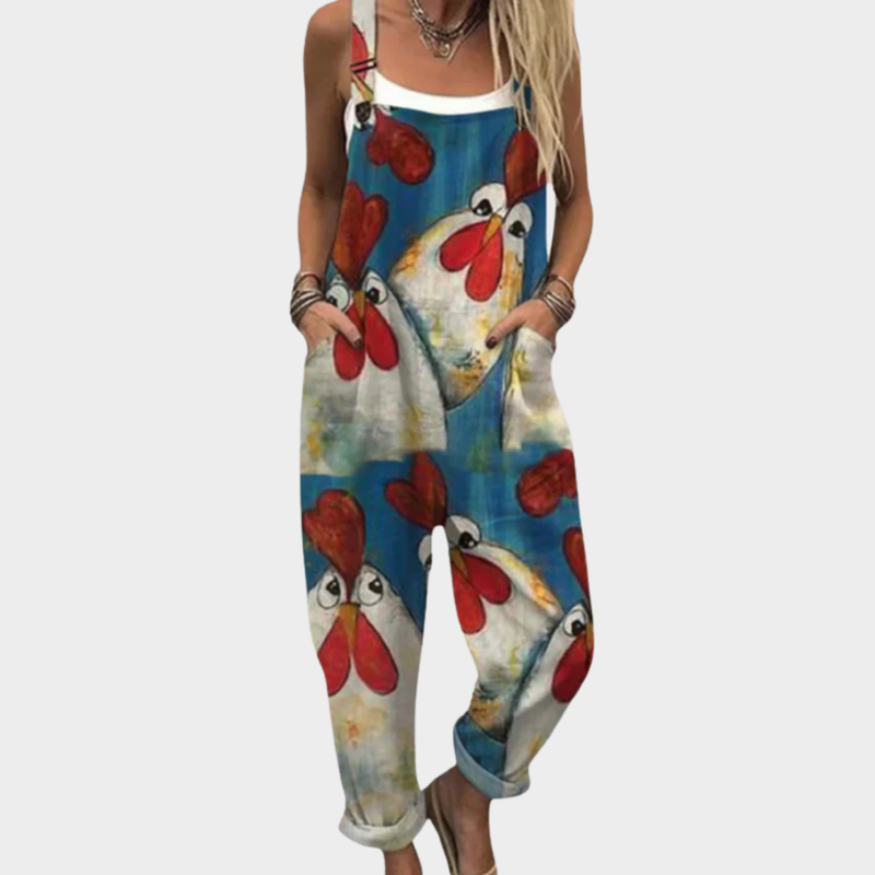 Chicken Print Dungarees | Blue