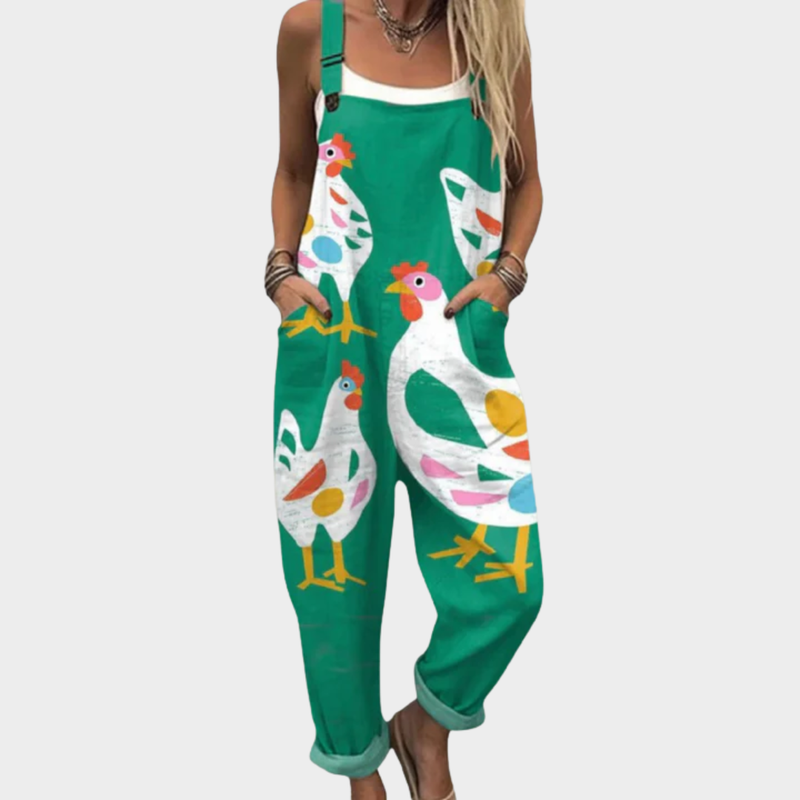 Green Dungarees with Chicken Print
