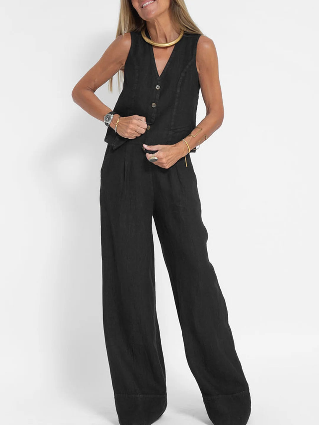 Aira | Button Waistcoat & Wide-Leg Trouser Set