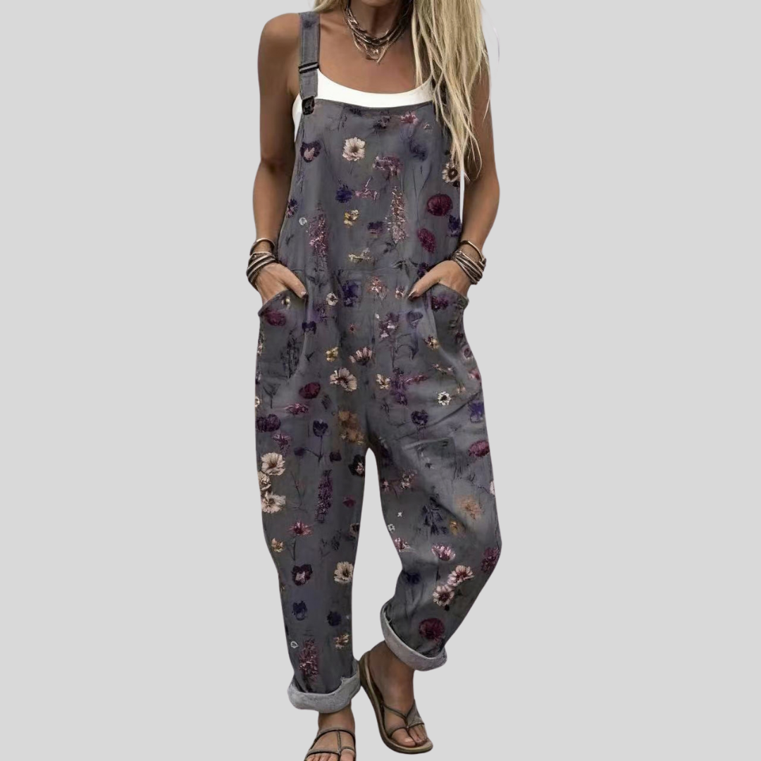 Grey Dungarees with Colourful Ditsy Print