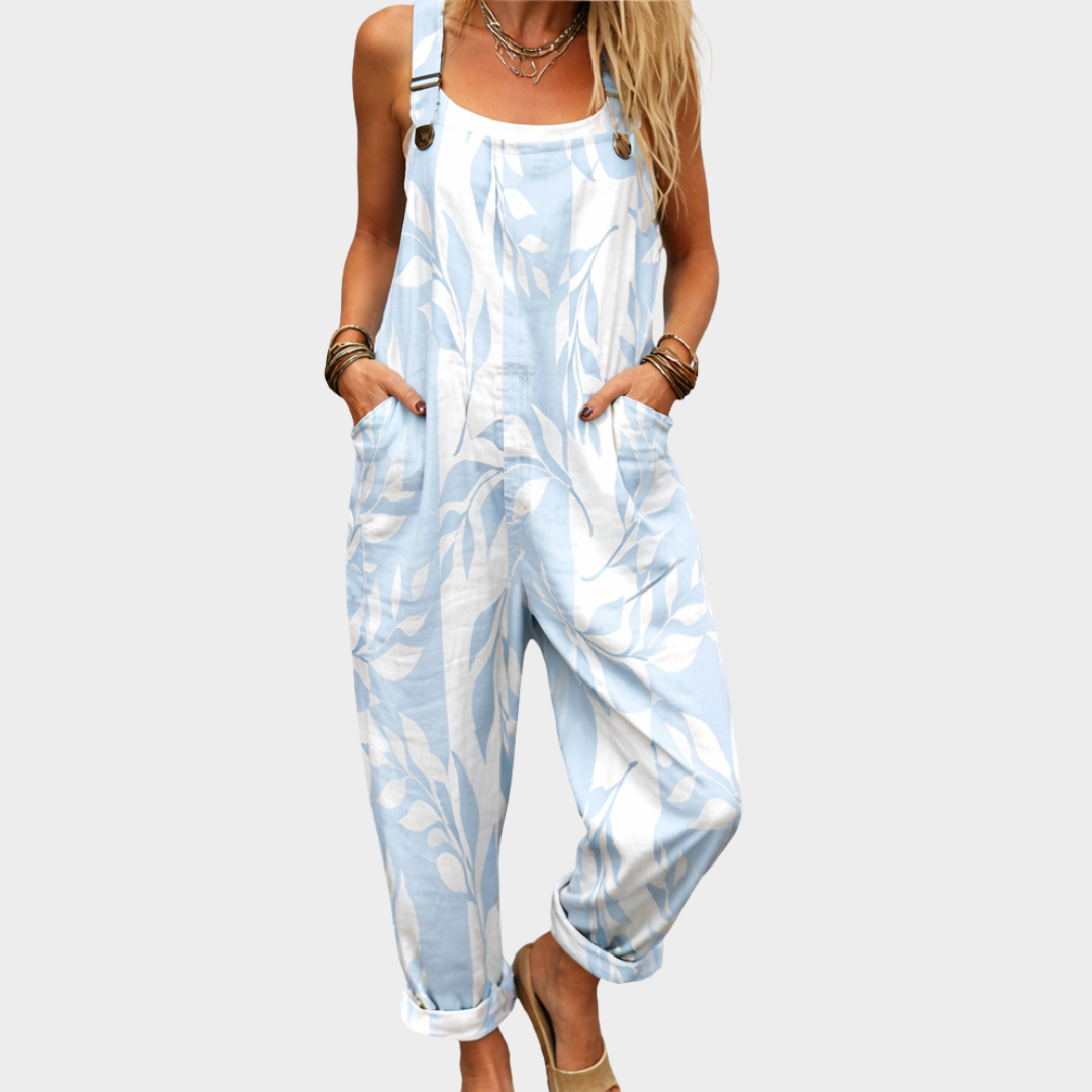 Light Blue Leaf Print Dungarees