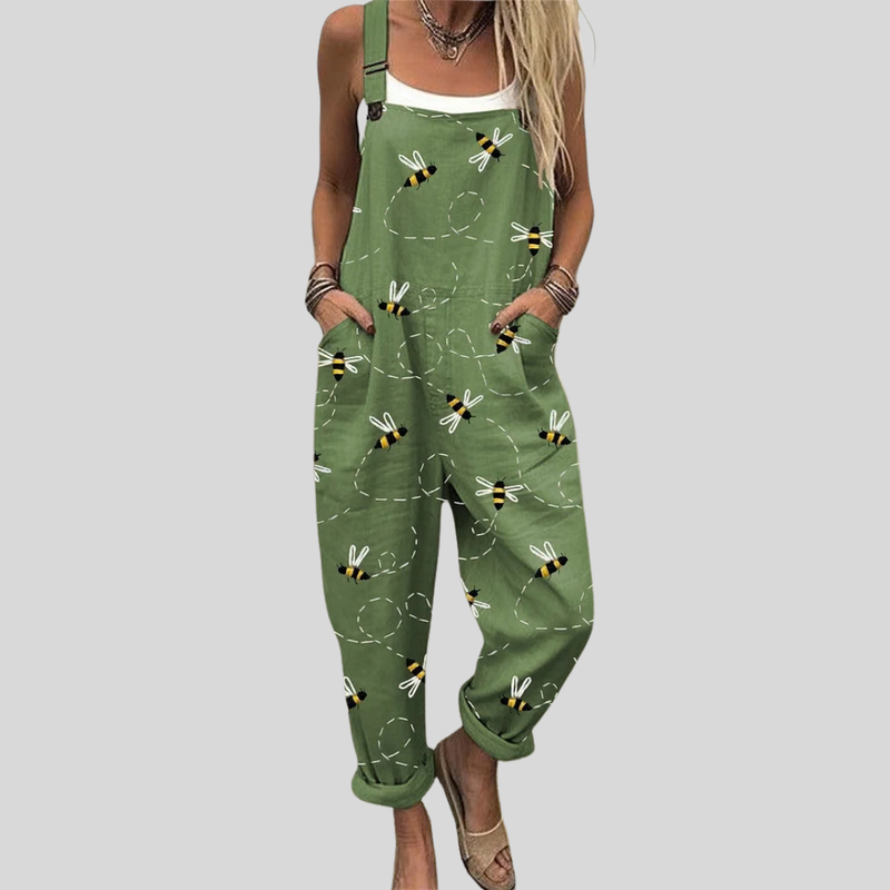 Green Bee Print Overalls