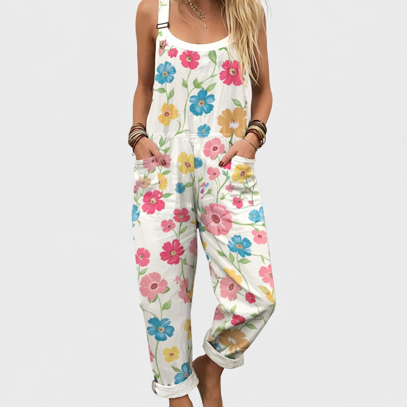 Colourful Floral Dungarees | Cream