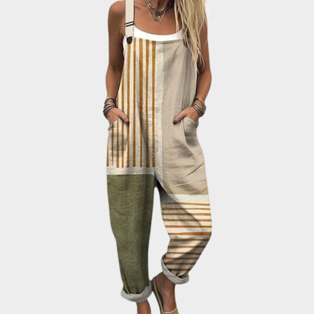 Striped Dungarees | Beige-Olive