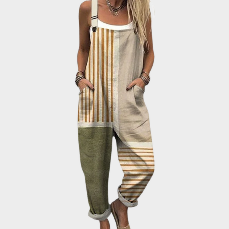 Striped Dungarees | Beige-Olive