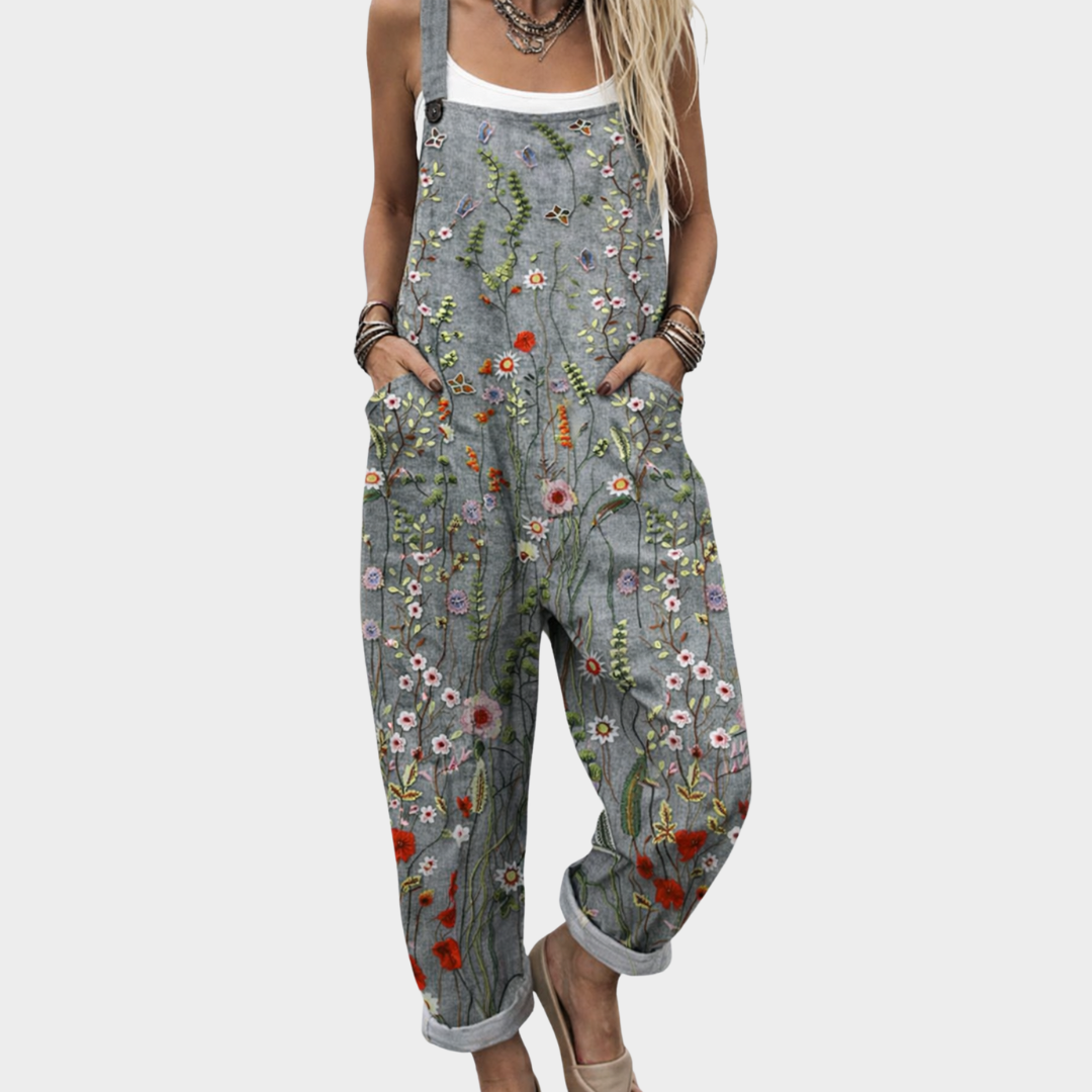 Grey Dungarees with Flower Meadow Print