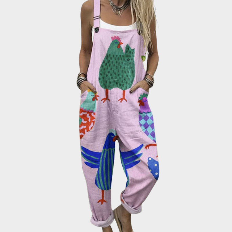 Pink Dungarees with Chicken Print