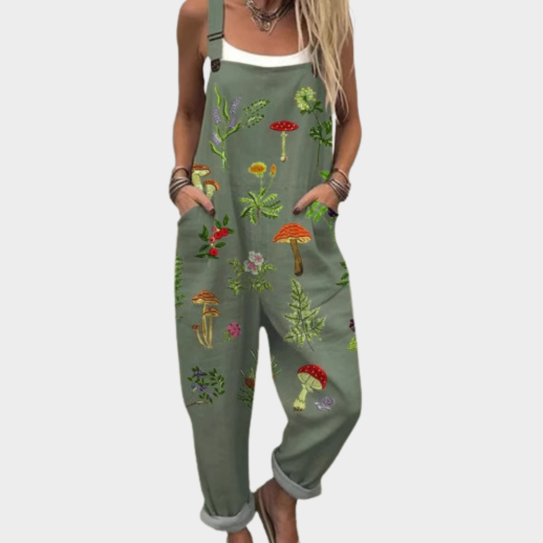 Mushroom Print Dungarees | Olive Green