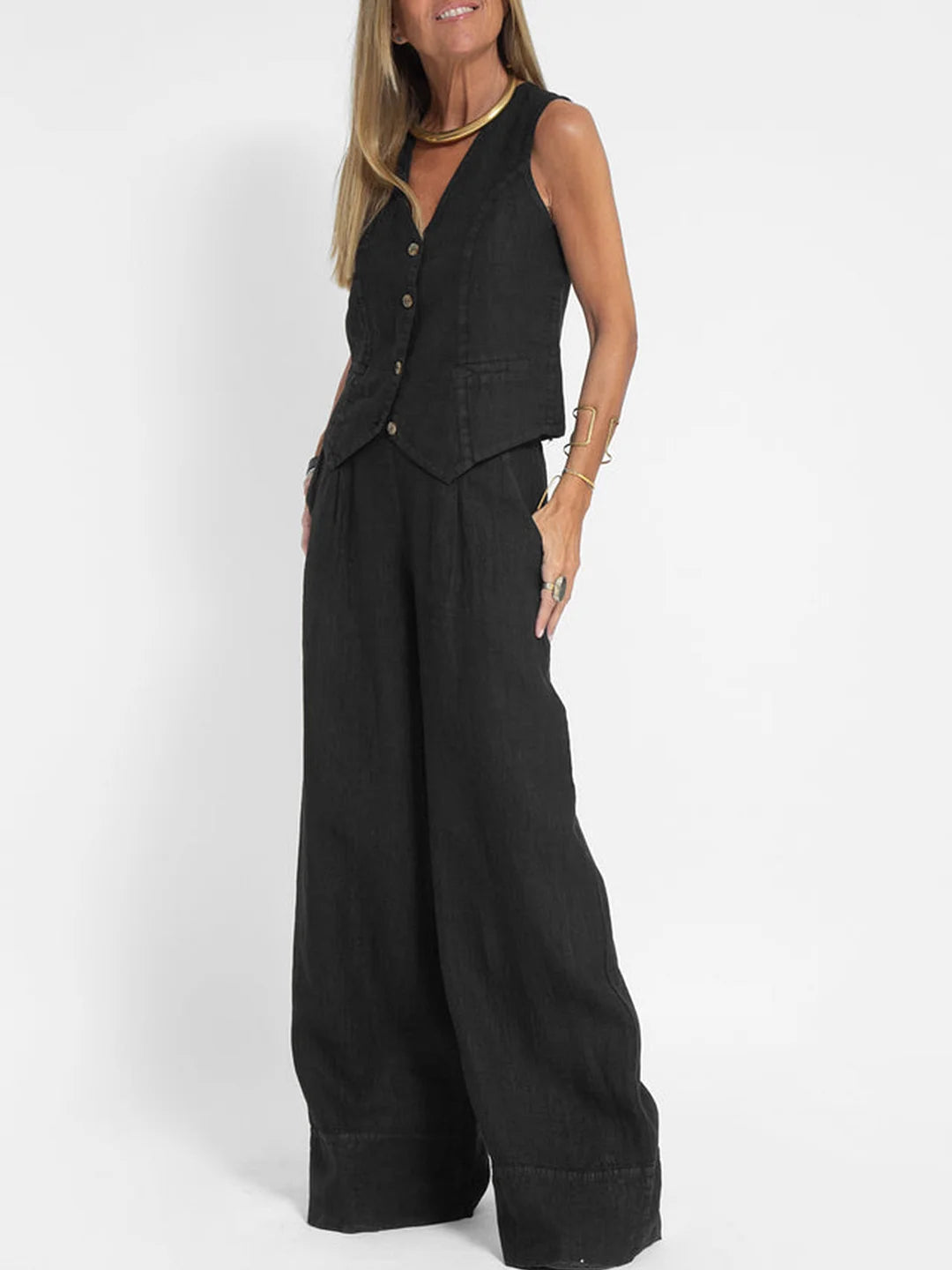 Aira | Button Waistcoat & Wide-Leg Trouser Set