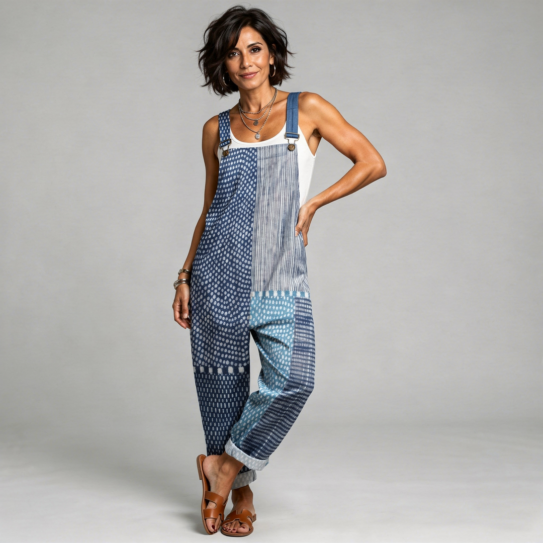 Boho Patchwork Dungarees | Deep Blue